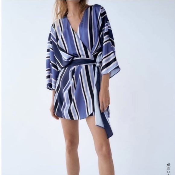 Zara Blue White Striped Wrap Lined Romper Size Small - Picture 1 of 16